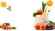 © Stock - Delivery healthy food background. Vegetarian food in paper bag vegetables and fruits on white, copy space, banner. Grocery shopping food supermarket and clean healthy eating concept isolated with wh
