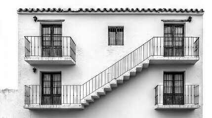 Canvas Print -   Black and white image of a building with a fire hydrant in the foreground and another fire hydrant in the background