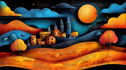 Wall Mural -   A night painting depicts a field with a central castle under a bright full moon