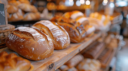 Assortment of fresh bread loaves in a bakery setting