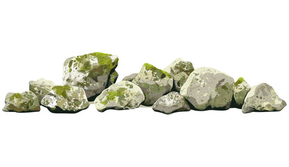 3D vector illustration group of mossy stones pile on the floor clipart, nature stone texture illustration, mossy rock pile design, 3D nature elements clipart, vector moss stone