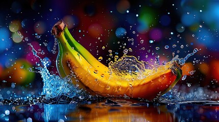   A colorful banana splashes into a vibrant body of water