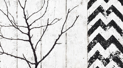 Wall Mural -   A monochromatic tree next to a chevron pattern on a white-paneled wall with wood grain texture