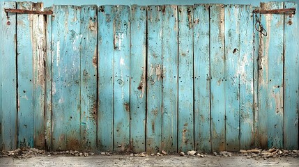   A blue wooden fence with peeling paint and two rusted metal hooks - one on top, one on bottom