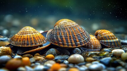 Wall Mural -   Sea shells on rocks near water with bubbles