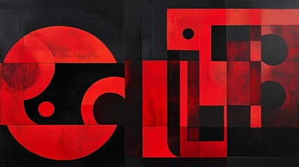 Poster - abstract red and black geometric art displayed on a wall in an interior setting