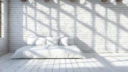 Wall Mural -   In the room, there's a white brick wall with two wooden beams on either side of an elegant bed