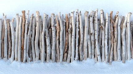 Canvas Print -   A close-up of a wooden fence in the snow, with snow covering both the fence and the ground