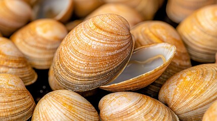 Poster -   Clams stacked on top of each other next to a mound of clams