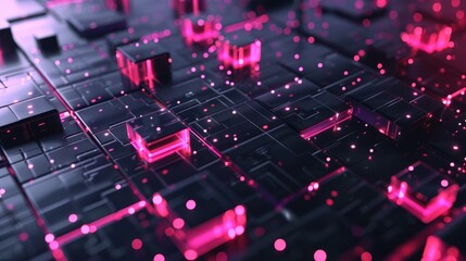 Wall Mural - Abstract 3D Render of a Futuristic Grid with Glowing Pink Edges