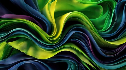 Wall Mural -   A monochromatic image depicts waves of green, blue, yellow, and purple tones against a dark background