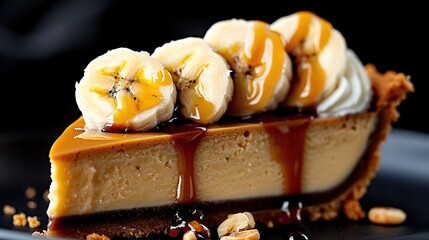 Wall Mural -   A slice of cheesecake topped with sliced bananas and drizzled with caramel