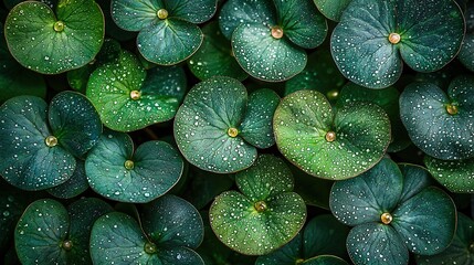 Canvas Print -   Green leaves with droplets of water on them