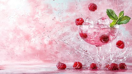 Sticker -   A glass holding raspberries, filled with ice and water splashing, topped by a green leaf