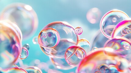 Wall Mural -   A bunch of soap bubbles float on a blue-pink background with a light blue sky