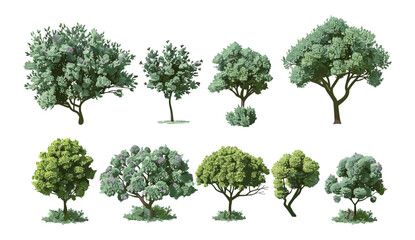 Shrubbery trees shapes vector illustration set, green decorative blooming shrubs, beautiful landscape elements. Outdoor spring summer hedge plant, 3d rendering transparent background png