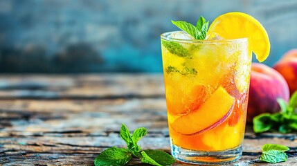 Sticker -   Close-up photo of a drink in a glass, decorated with a lemon slice and fresh mint leaves, placed on a wooden table with juicy peaches in the background