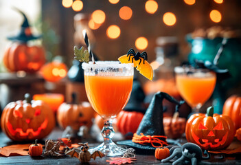 Table with Halloween items in blurred background.Halloween party for kids