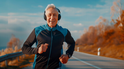 Senior man enjoying a morning run outdoors, listening to music on his headphones. Perfect for health, wellness, and active lifestyle themes.