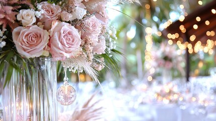 Wall Mural -   A vase filled with pink flowers sits atop a white tablecloth, beneath a chandelier