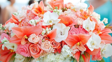 Wall Mural -   Orange-white bouquet in front of blue-dressed woman in blurry background