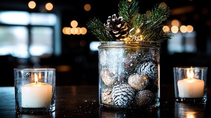 Canvas Print -   A jar of Christmas balls sits atop a table with a pine cone resting on top A flickering candle illuminates the scene