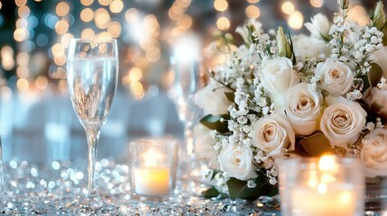 a table topped with a vase of white flowers, two glasses of water, and lit candles