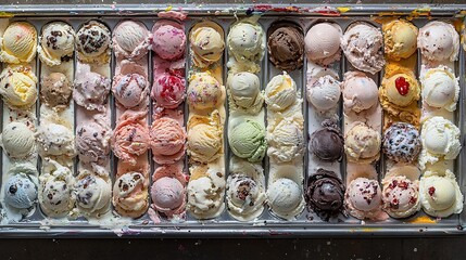 Wall Mural -   Box filled with diverse ice cream flavors on wooden table with sprinkles