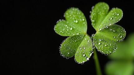 Sticker -   Four-leaf clover close-up on black background with water droplets on its green leaves