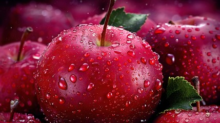 Wall Mural -   A collection of red apples adorned with water drops and featuring a green leaf atop one of them