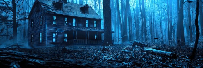 Wall Mural - Eerie Halloween banner featuring a haunted house set against a spooky forest background with a mysterious ambiance. Image enhanced with shades of blue.