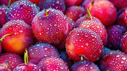 Wall Mural -   A photo of cherries with water droplets on top and below them