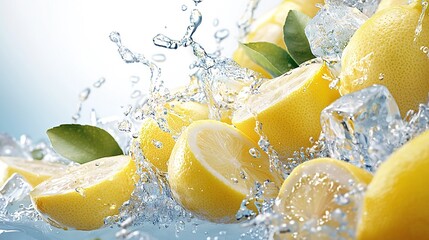 Wall Mural -   A cluster of lemons with water splashing onto them and leaves on both sides of the water