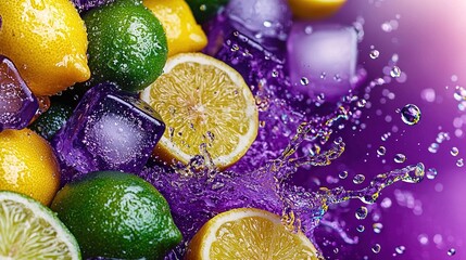 Wall Mural -   A collection of lemons, limes, and grapefruits with water droplets on a purplish background