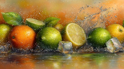 Wall Mural -   A vibrant depiction of limes, oranges, lemons, and ice cubes with water splashing around