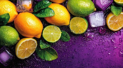 Wall Mural -   A collection of lemons, limes, and ice cubes against a dark purple backdrop, with water droplets splashing around