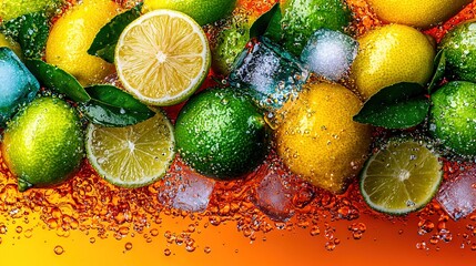 Wall Mural -   A collection of lemons, limes, and limeade on a yellow-orange backdrop with water droplets