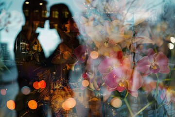 A blurred silhouette of two figures stands before a window, reflecting the vibrant hues of orchids and the city lights beyond