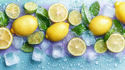 Wall Mural -   A cluster of lemons and limes resting on a blue background with surrounding ice cubes and water droplets