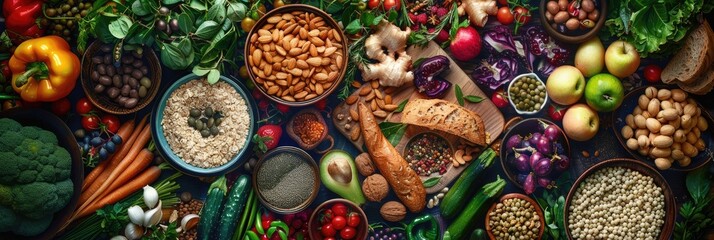 Canvas Print - Plant-Based Vegan Diet for a Healthy Lifestyle Showcasing an Assortment of Vegetables, Fruits, Cereals, Grains, Nuts, Seeds, Legumes, and Dips Packed with Protein, Antioxidants, Vitamins, Fiber, and