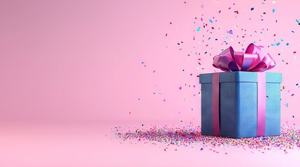 Poster -   A blue box with a pink bow and confetti/sprinkles