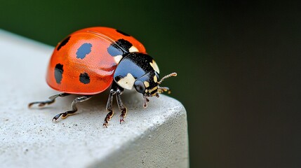 Poster -   A close-up of a red and black beetle on a white surface, showing a black spot on its head