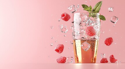 Sticker -   A glass filled with ice and raspberries surrounded by ice cubes and topped with a green leaf