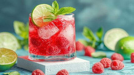 Poster -    a glass filled with vibrant red raspberry lemonade on a blue background with slices of fresh green limes scattered around it