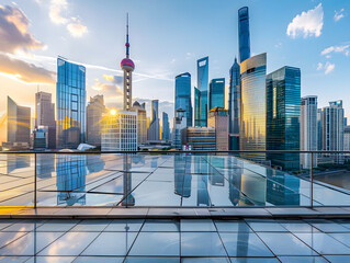 Wall Mural - City skyline with glass skyscrapers reflecting blue sky and clouds, modern urban landscape view.