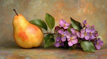 Sticker -   A painting depicts a pear, flowers, and leaves set against a brown and tan backdrop, with a lighter brown foreground