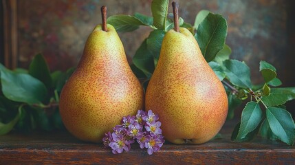   A pair of pears perched on a wooden table beside a collection of leaves and a lavender blossom