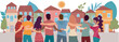 © melita - Community and sharing between neighbors. Neighborhood concept meeting or acts of care - care jobs. Group of embracing multicultural people seen from behind with a background of houses