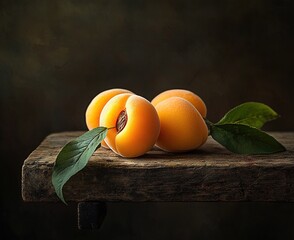 Sticker -   A cluster of three oranges perched atop a wooden table alongside a verdant leafy branch resting upon a slice of wood