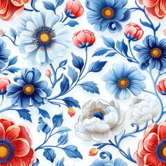 Seamless floral pattern with red and blue hues for background